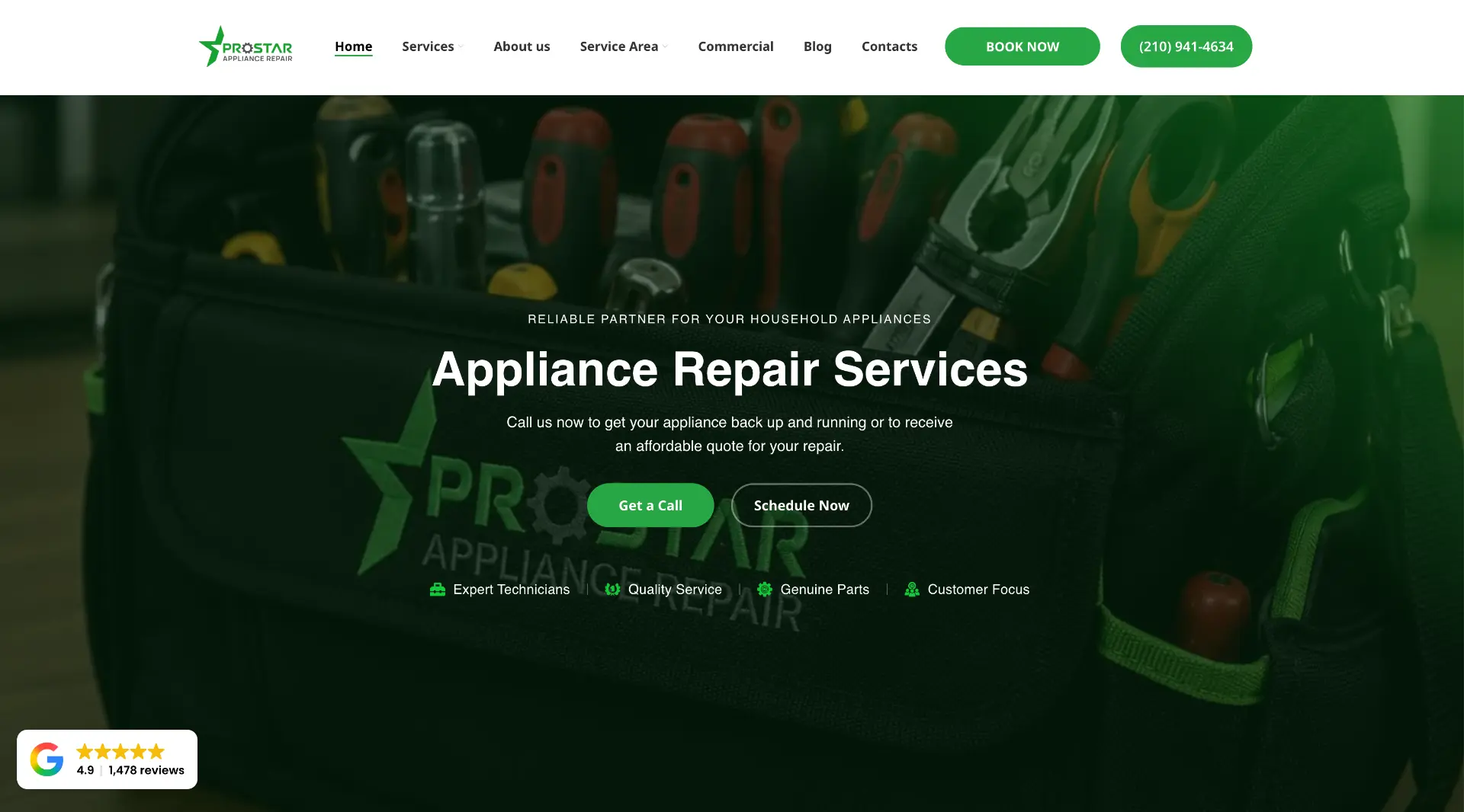 ProStar Appliance Repair website screenshot