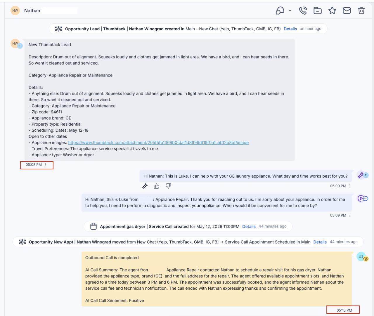 Thumbtack lead booked within 2 minutes by AI bot outbound call