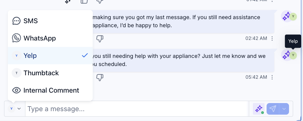 Unified inbox conversation across SMS, WhatsApp, Yelp, and Thumbtack