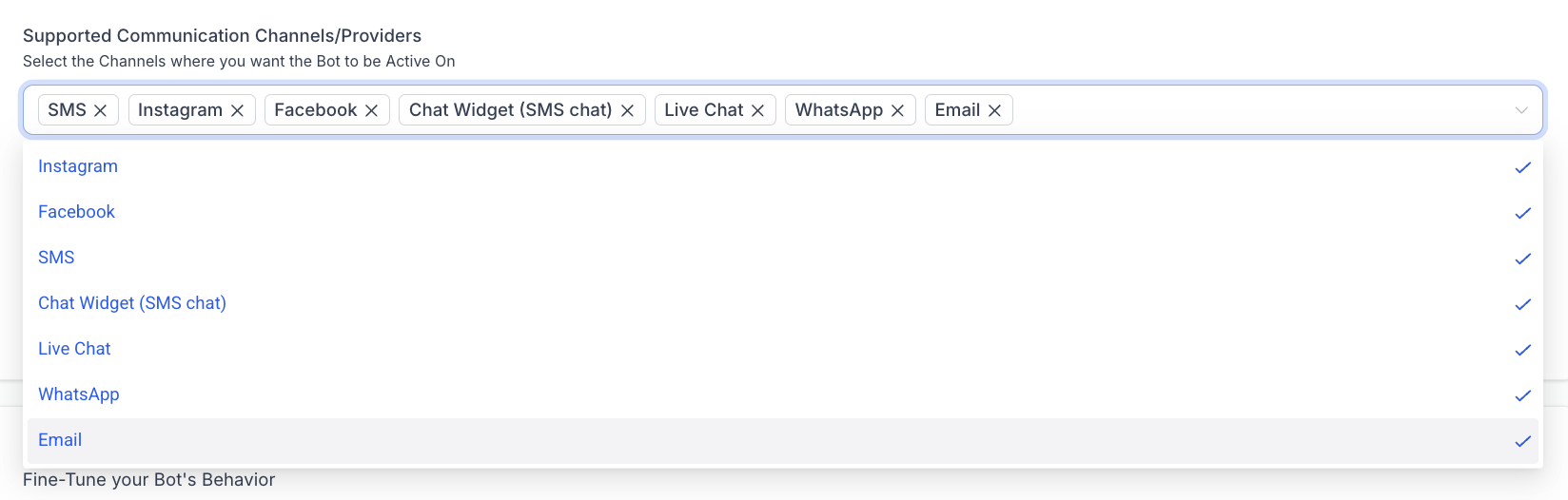 Supported communication channels: SMS, Instagram, Facebook, Chat Widget, Live Chat, WhatsApp, Email