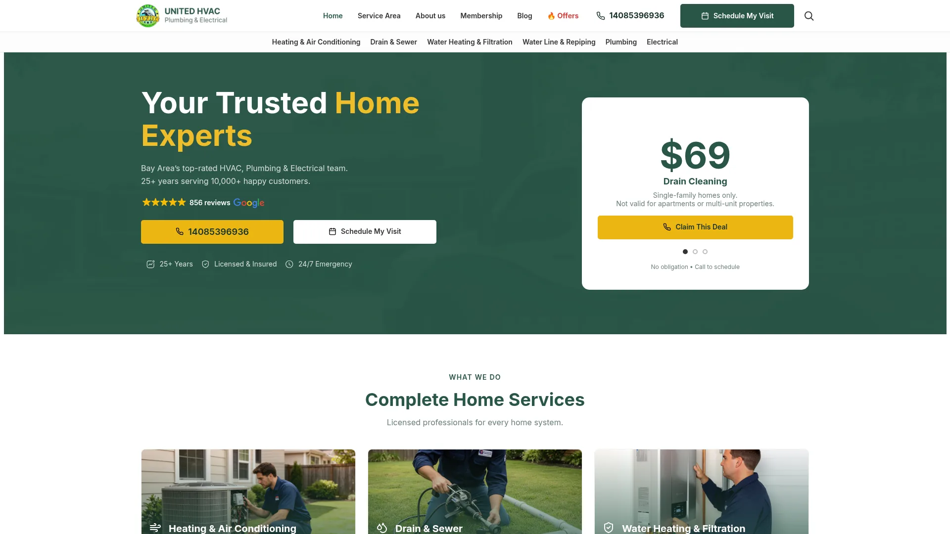 United HVAC, Plumbing & Electrical website screenshot