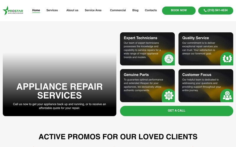ProStar Appliance Repair website screenshot
