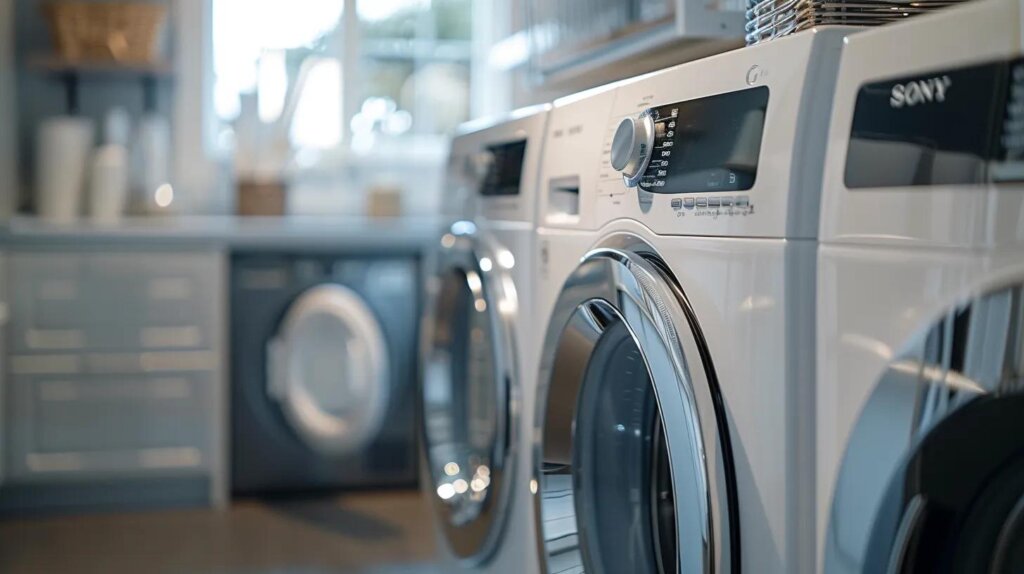 a close-up view of a modern, sleek laundry room featuring a brand-new dryer with a clear focus on a diagnostic tool displaying error codes, highlighting the theme of resolving mechanical issues in noisy dryers.