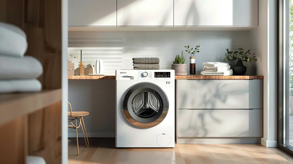 a modern, well-lit laundry room features a sleek dryer prominently displayed, with tools and equipment for dryer maintenance artfully arranged on a stylish countertop, emphasizing the importance of routine upkeep for efficiency and longevity.