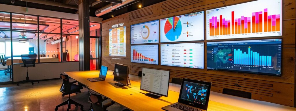 a vibrant digital marketing office features a high-tech dashboard displaying real-time geo-targeting analytics, emphasizing localized ad campaigns on sleek screens amidst an atmosphere of focused collaboration.