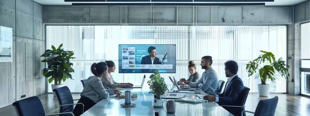 a sleek, modern office space featuring an engaging digital display of captivating ad copy that draws the attention of a diverse group of professionals brainstorming ideas around a polished conference table.