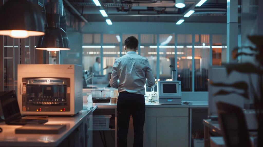 a sleek, modern office space features a close-up of a malfunctioning dryer control panel, illuminated by focused overhead lighting, with a technician intently examining the digital display for troubleshooting.